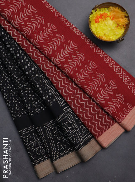 Kota silk cotton saree black and maroon with allover block prints and simple border
