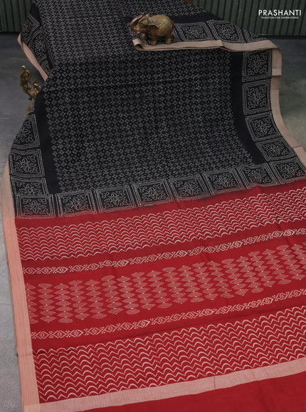 Kota silk cotton saree black and maroon with allover block prints and simple border
