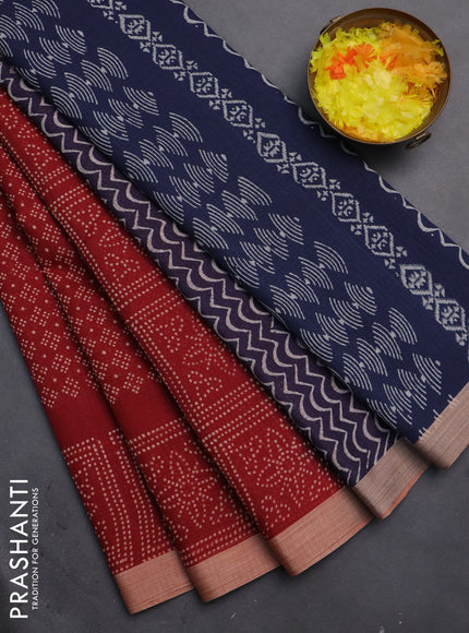 Kota silk cotton saree maroon and blue with allover block prints and simple border