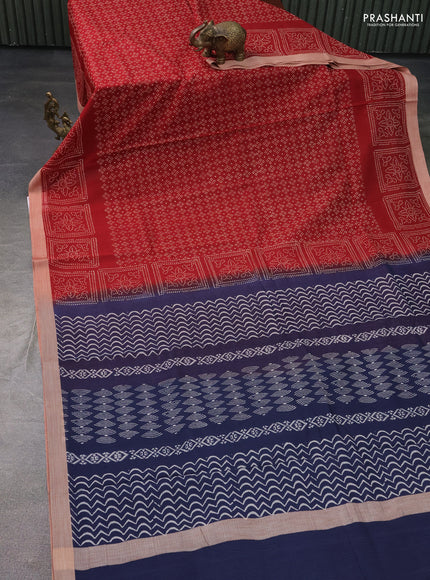 Kota silk cotton saree maroon and blue with allover block prints and simple border