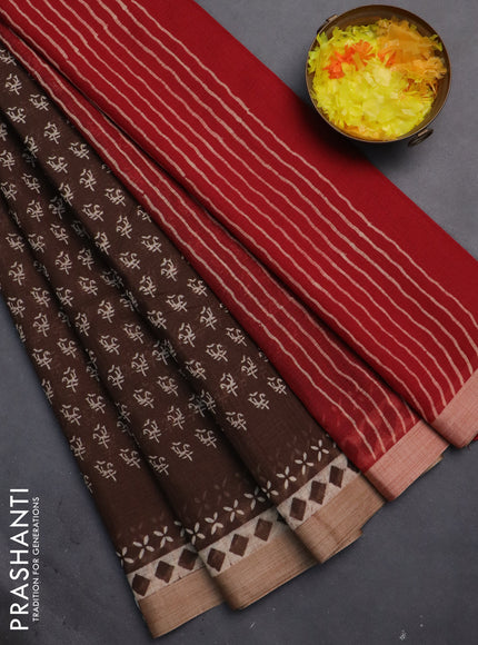 Kota silk cotton saree brown and maroon with allover block prints and simple border