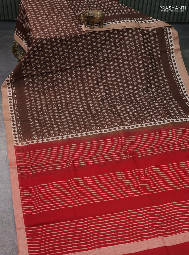 Kota silk cotton saree brown and maroon with allover block prints and simple border