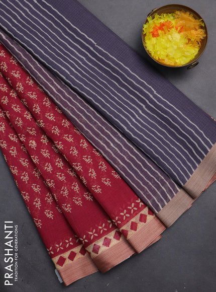 Kota silk cotton saree maroon and grey shade with allover block prints and simple border