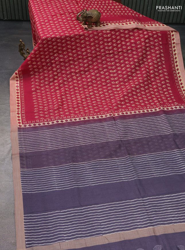 Kota silk cotton saree maroon and grey shade with allover block prints and simple border