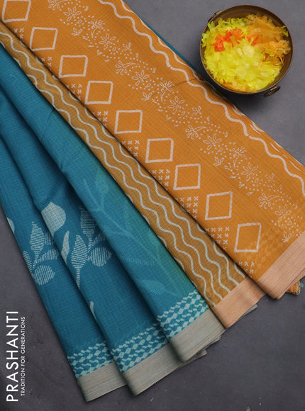 Kota silk cotton saree teal blue shade and dark mustard with butta block prints and printed border