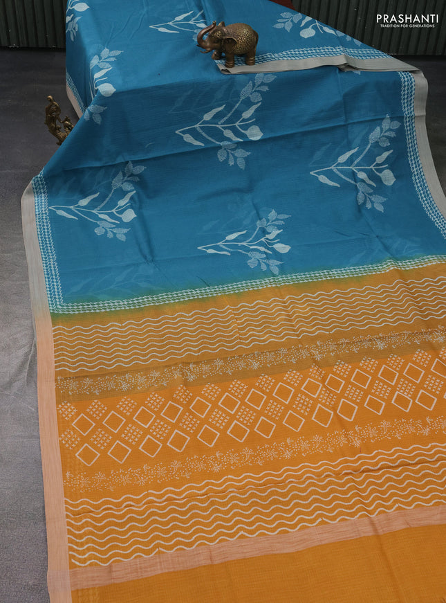 Kota silk cotton saree teal blue shade and dark mustard with butta block prints and printed border