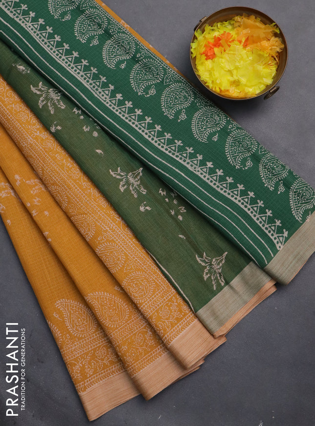 Kota silk cotton saree mustard yellow and green with butta block prints and block printed border