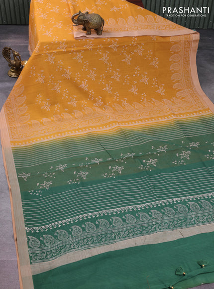 Kota silk cotton saree mustard yellow and green with butta block prints and block printed border