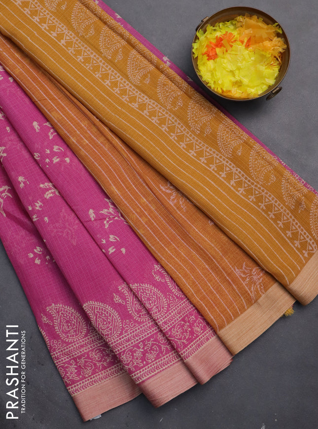 Kota silk cotton saree pink and dark mustard with butta block prints and block printed border