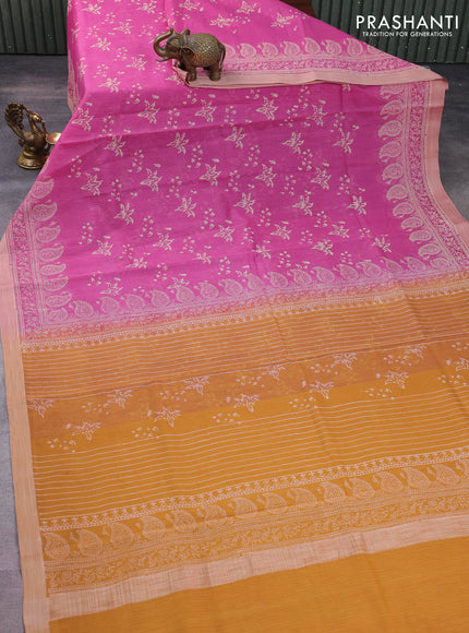 Kota silk cotton saree pink and dark mustard with butta block prints and block printed border