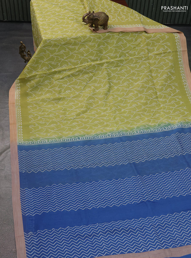 Kota silk cotton saree light green and blue with allover block prints and simple border