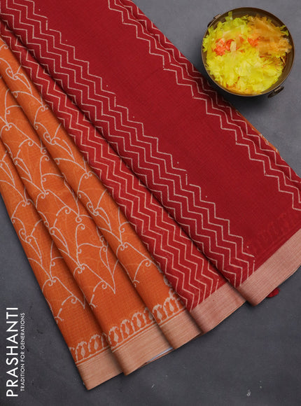 Kota silk cotton saree orange and maroon with allover block prints and simple border