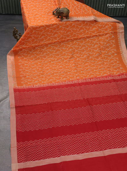 Kota silk cotton saree orange and maroon with allover block prints and simple border