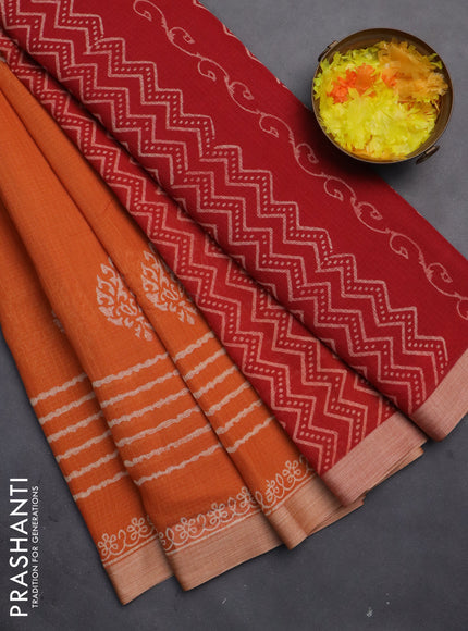 Kota silk cotton saree orange and maroon with butta block prints and printed border