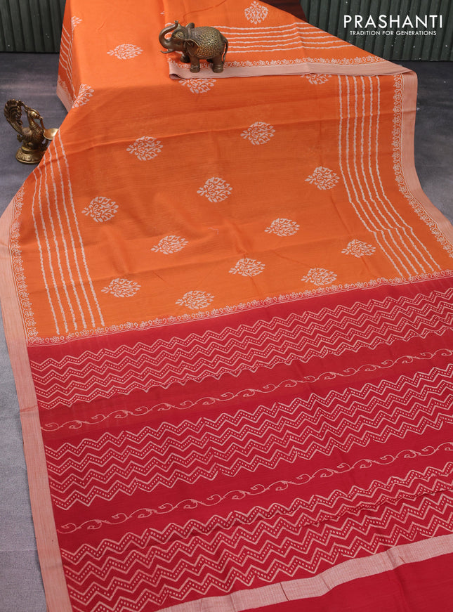 Kota silk cotton saree orange and maroon with butta block prints and printed border