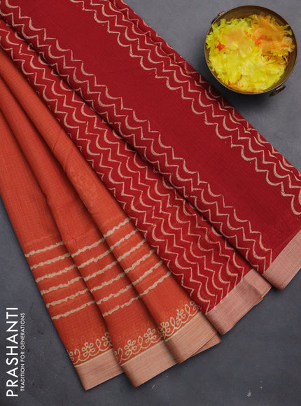 Kota silk cotton saree orange and maroon with butta block prints and printed border