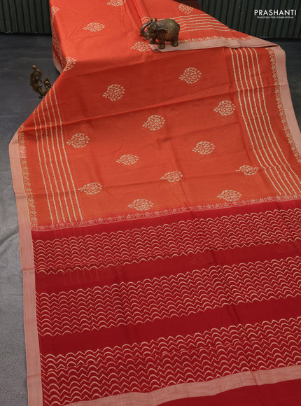 Kota silk cotton saree orange and maroon with butta block prints and printed border