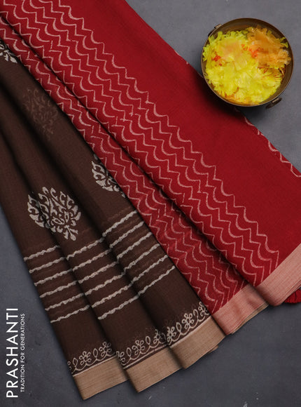 Kota silk cotton saree brown and maroon with butta block prints and printed border