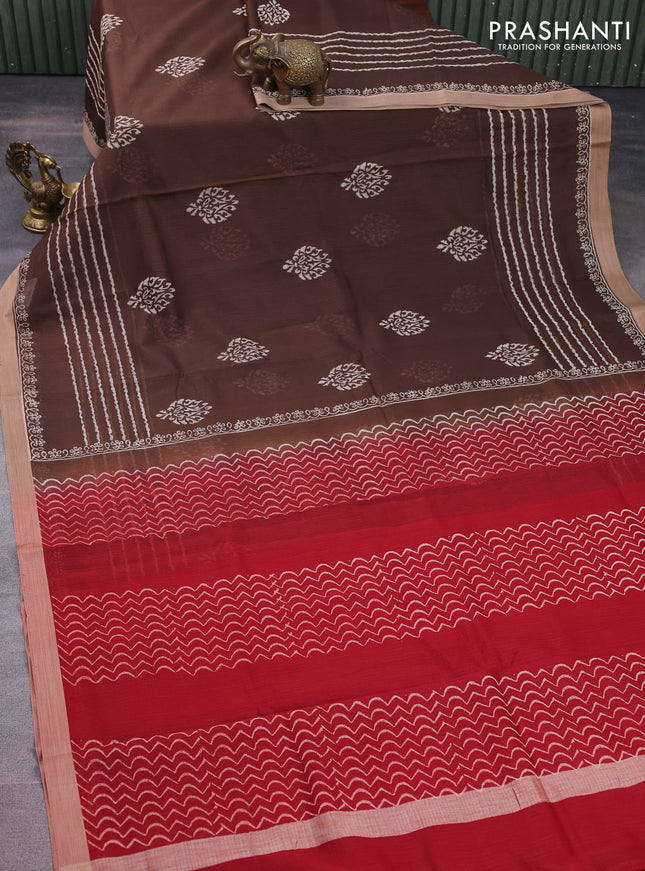 Kota silk cotton saree brown and maroon with butta block prints and printed border
