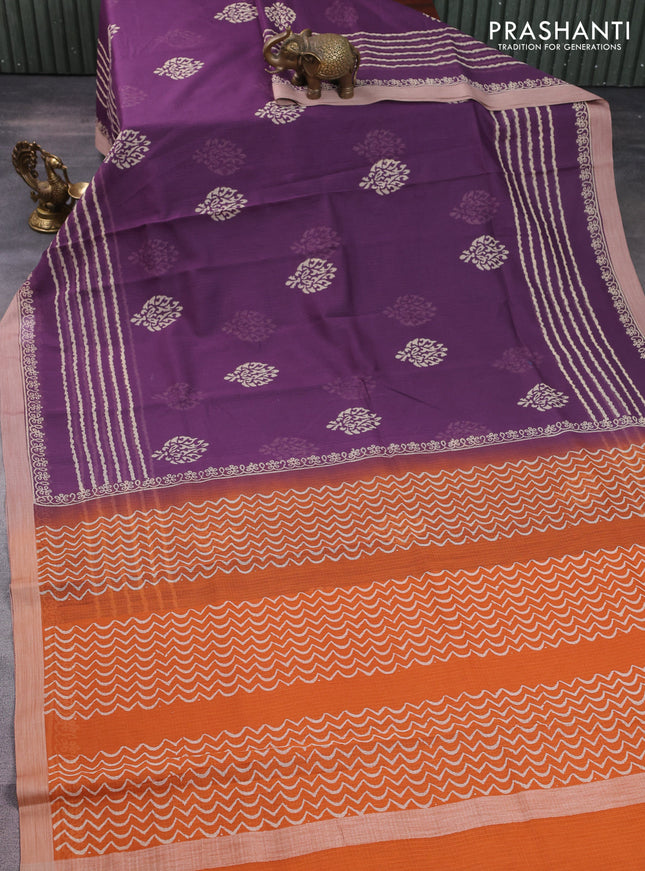 Kota silk cotton saree purple and rust shade with butta block prints and block printed border
