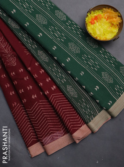 Kota silk cotton saree maroon and bottle green with butta block prints and block printed border