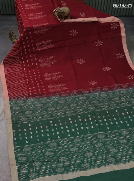 Kota silk cotton saree maroon and bottle green with butta block prints and block printed border