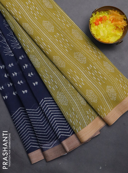 Kota silk cotton saree navy blue and light green with butta block prints and block printed border