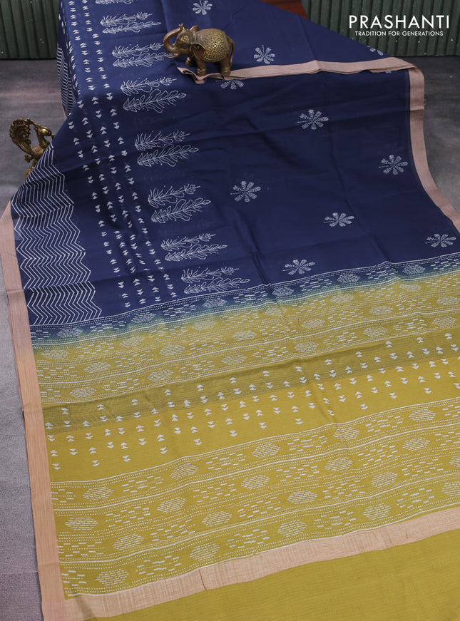Kota silk cotton saree navy blue and light green with butta block prints and block printed border