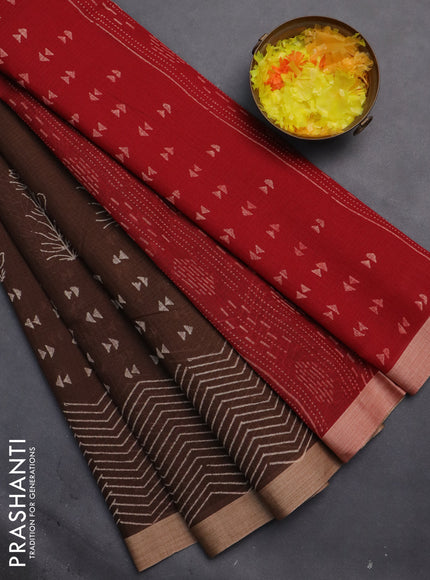 Kota silk cotton saree coffee brown and maroon with butta block prints and block printed border