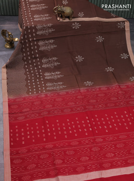 Kota silk cotton saree coffee brown and maroon with butta block prints and block printed border