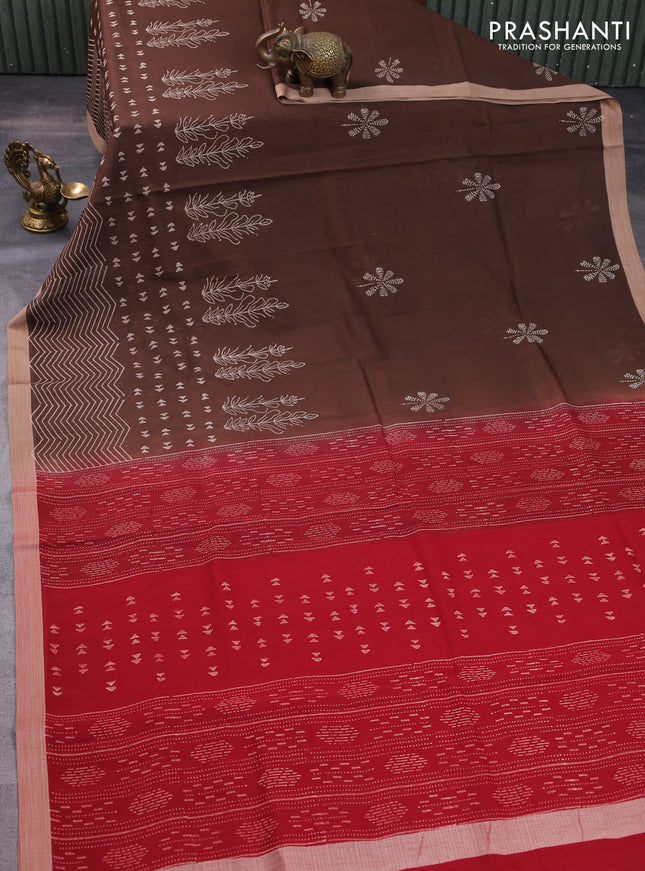 Kota silk cotton saree coffee brown and maroon with butta block prints and block printed border