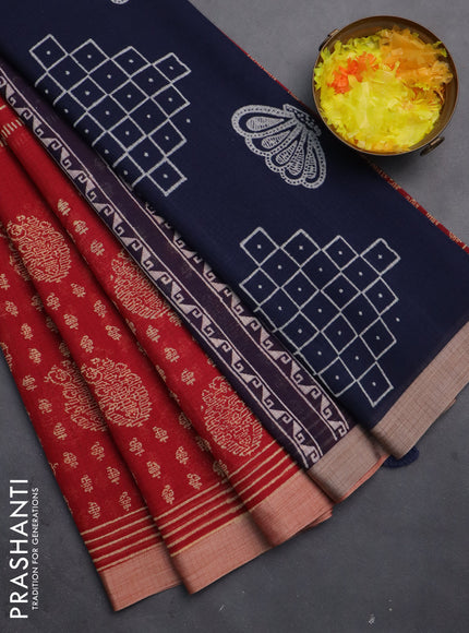 Kota silk cotton saree maroon and navy blue with allover block prints and simple border