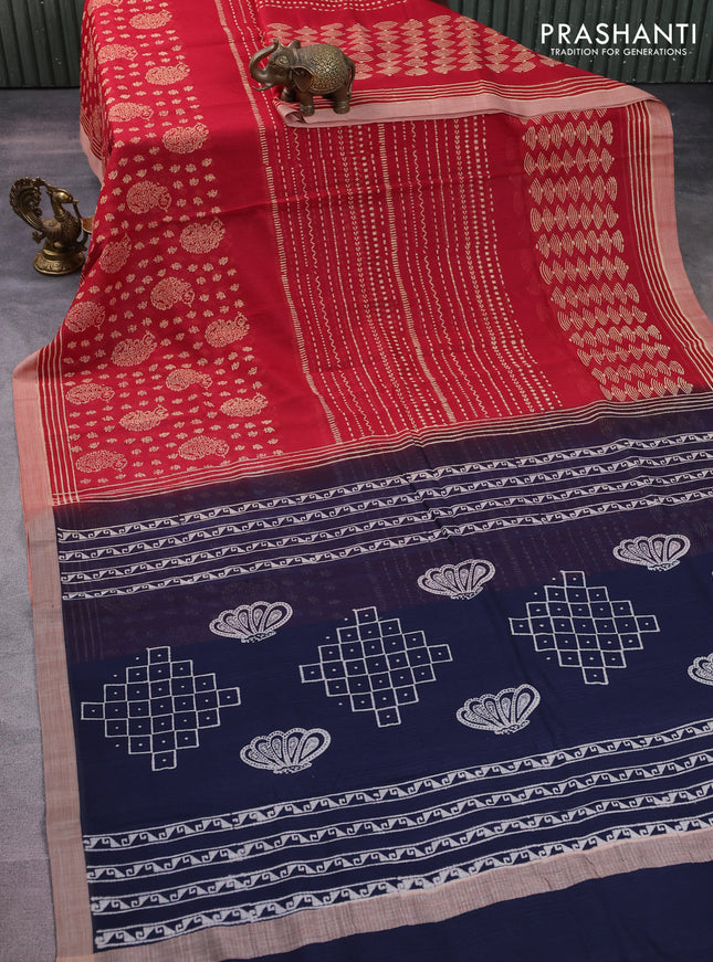 Kota silk cotton saree maroon and navy blue with allover block prints and simple border