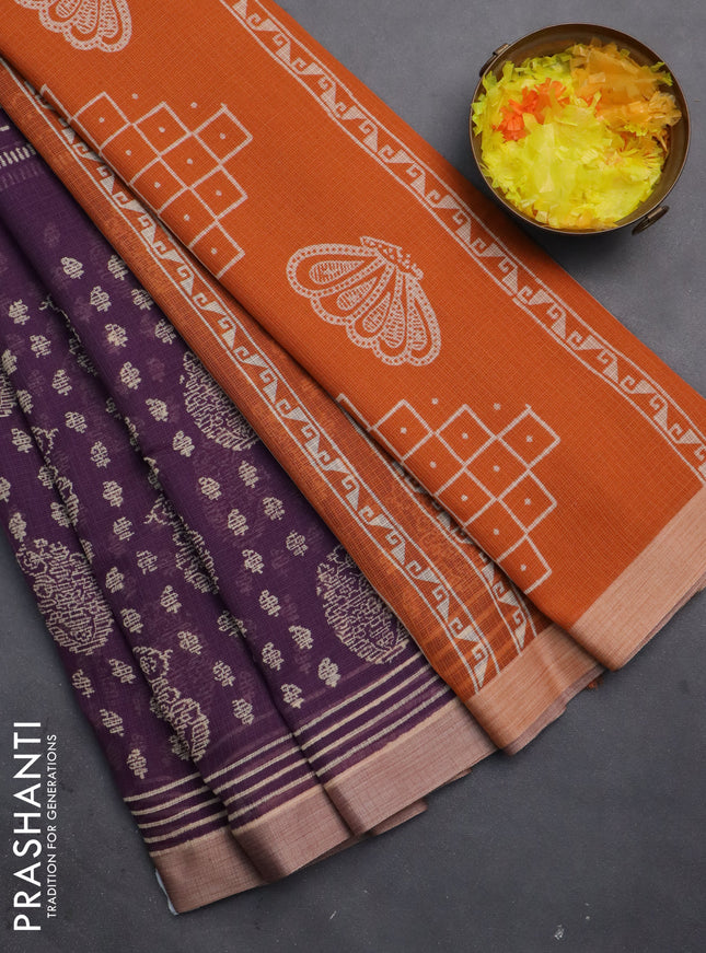 Kota silk cotton saree purple and rust shade with allover block prints and simple border