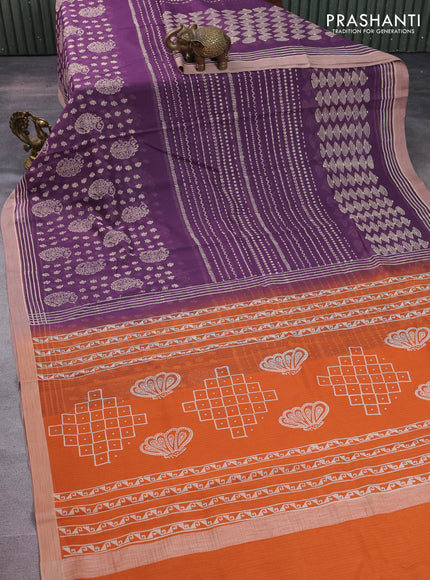 Kota silk cotton saree purple and rust shade with allover block prints and simple border