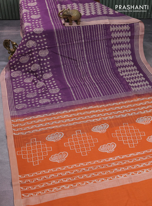 Kota silk cotton saree purple and rust shade with allover block prints and simple border