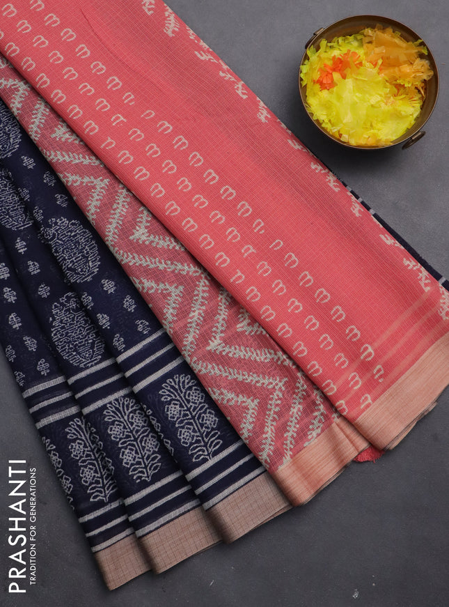 Kota silk cotton saree navy blue and peach shade with allover block prints and simple border