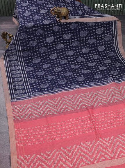 Kota silk cotton saree navy blue and peach shade with allover block prints and simple border