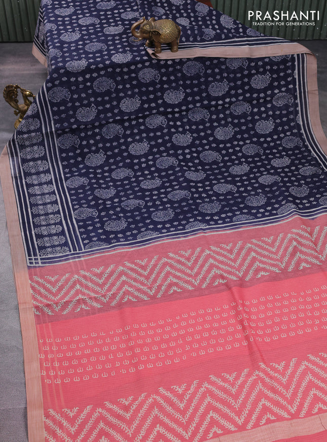 Kota silk cotton saree navy blue and peach shade with allover block prints and simple border