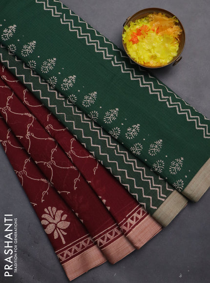 Kota silk cotton saree maroon and green with allover block prints and simple border