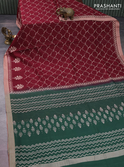 Kota silk cotton saree maroon and green with allover block prints and simple border