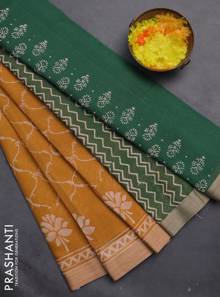 Kota silk cotton saree mustard yellow and green with allover block prints and simple border