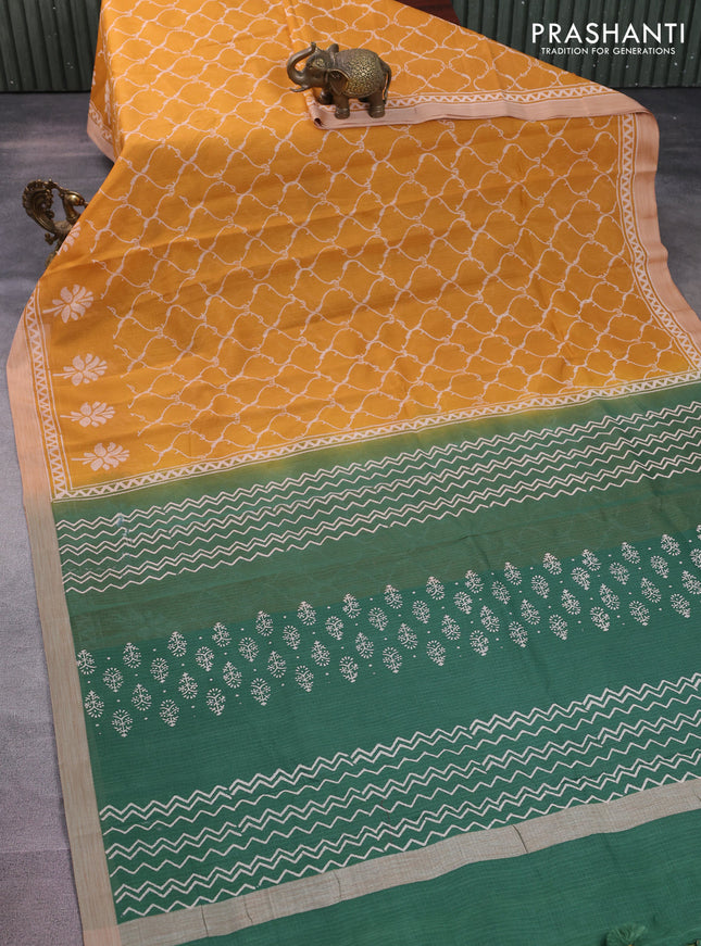 Kota silk cotton saree mustard yellow and green with allover block prints and simple border