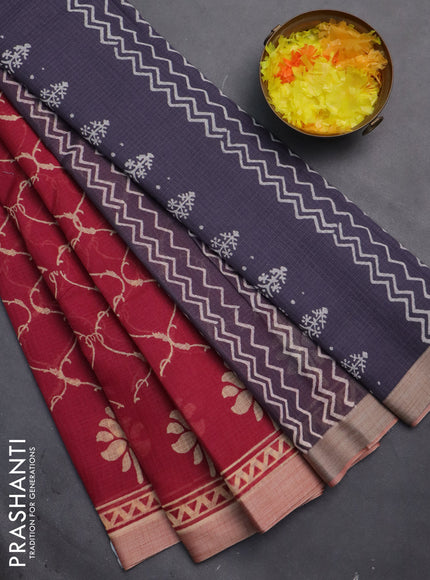 Kota silk cotton saree dark pink and grey with allover block prints and simple border