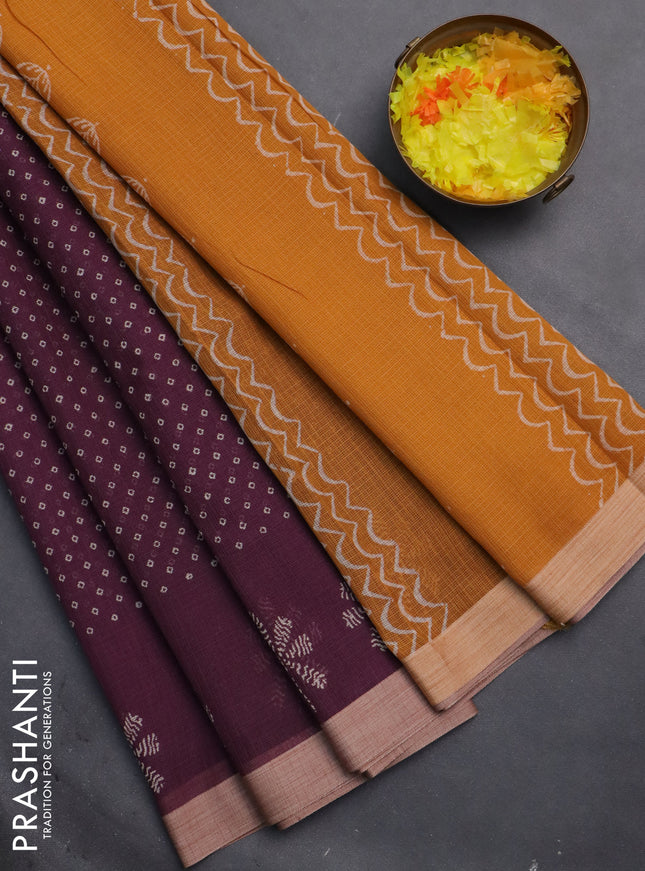 Kota silk cotton saree wine shade and dark mustard with allover block prints and simple border