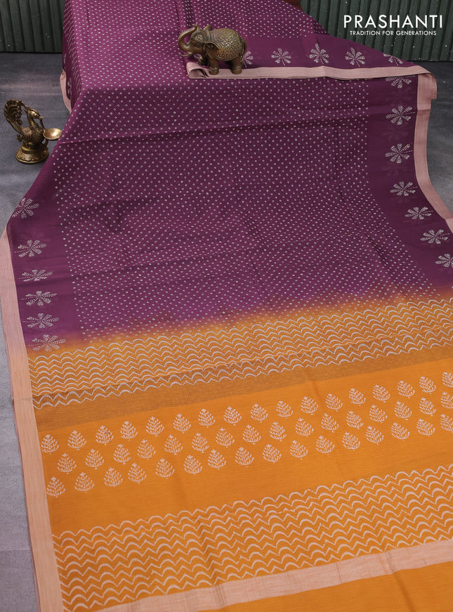 Kota silk cotton saree wine shade and dark mustard with allover block prints and simple border