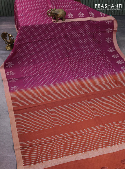Kota silk cotton saree wine shade and rust shade with allover block prints and simple border