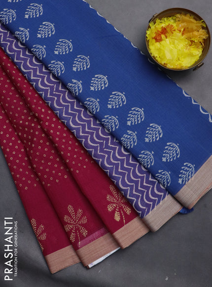 Kota silk cotton saree dark pink and blue with allover block prints and simple border