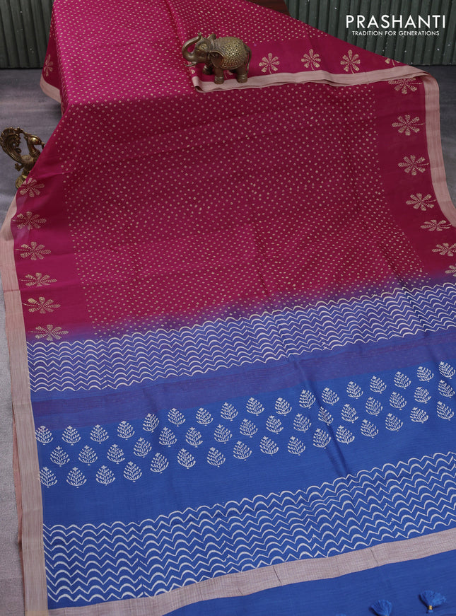 Kota silk cotton saree dark pink and blue with allover block prints and simple border