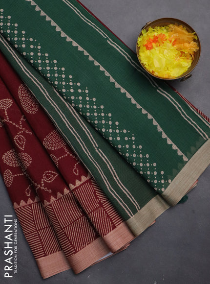 Kota silk cotton saree deep maroon and bottle green with butta block prints and printed border